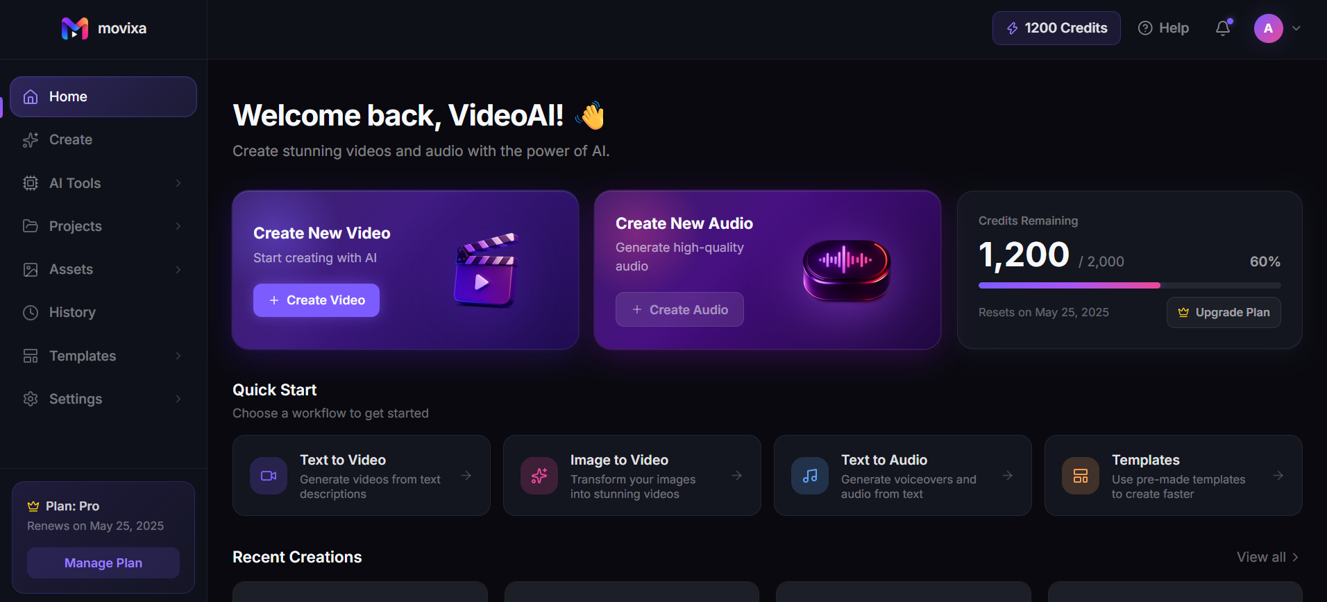 Movixa AI Studio Dashboard